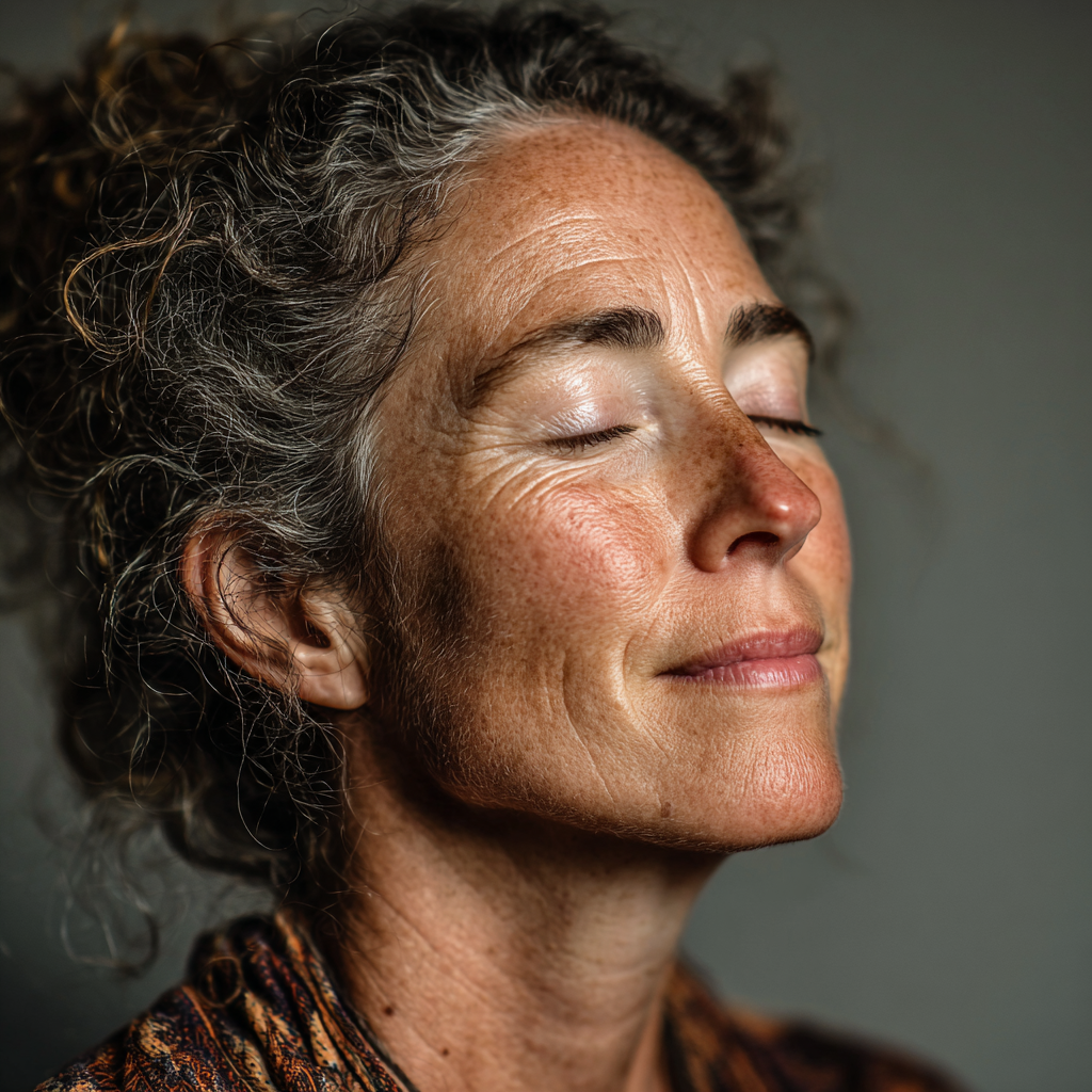 Жінка 54 років медитує в тихій кімнаті, очі заплющені, вираз обличчя спокійний та зосереджений