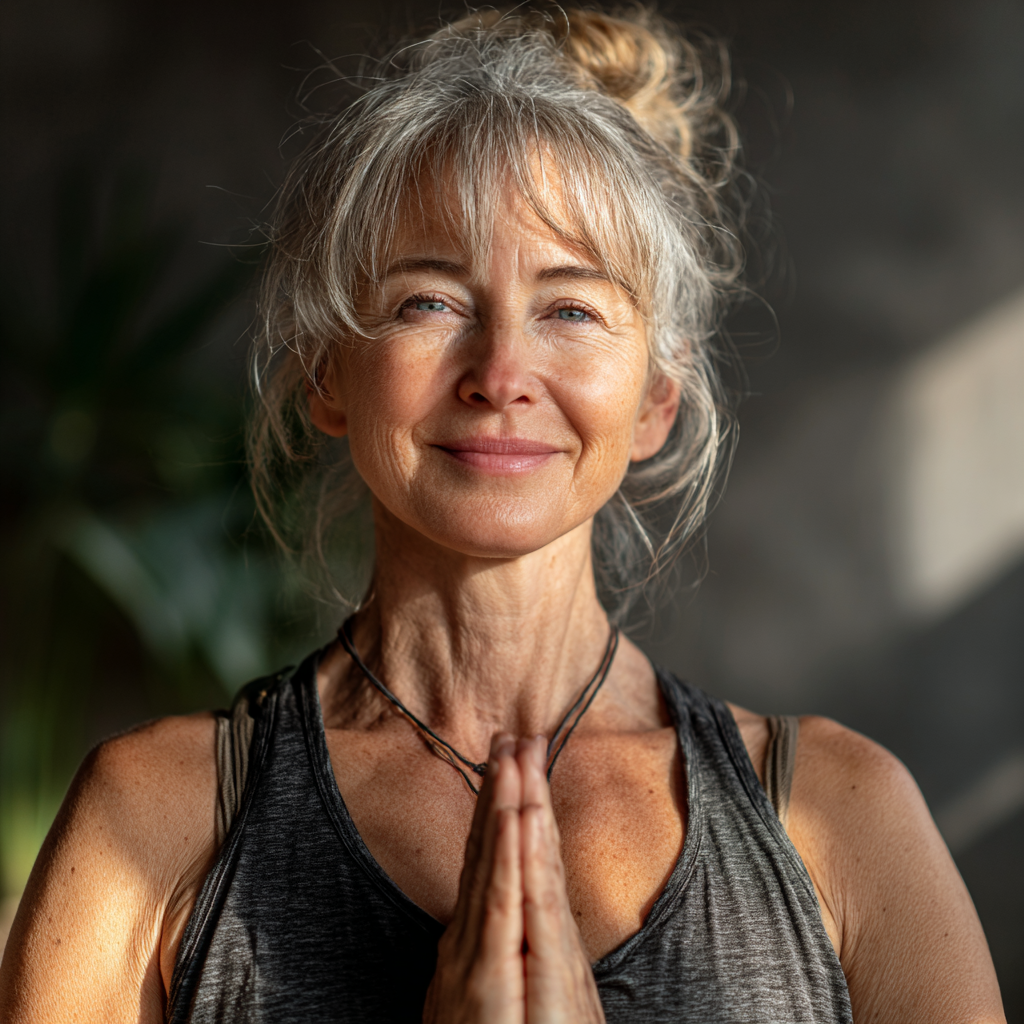 Жінка 55 років виконує м'яку асану йоги в спокійній позі, посміхається та виглядає розслаблено