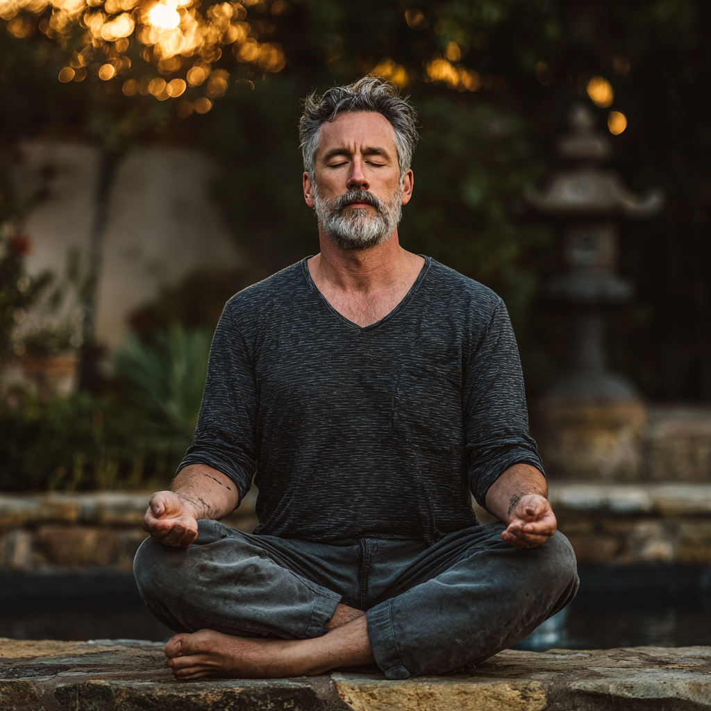 Чоловік 58 років медитує в лотосовій позі на природі, обличчя спокійне та зосереджене