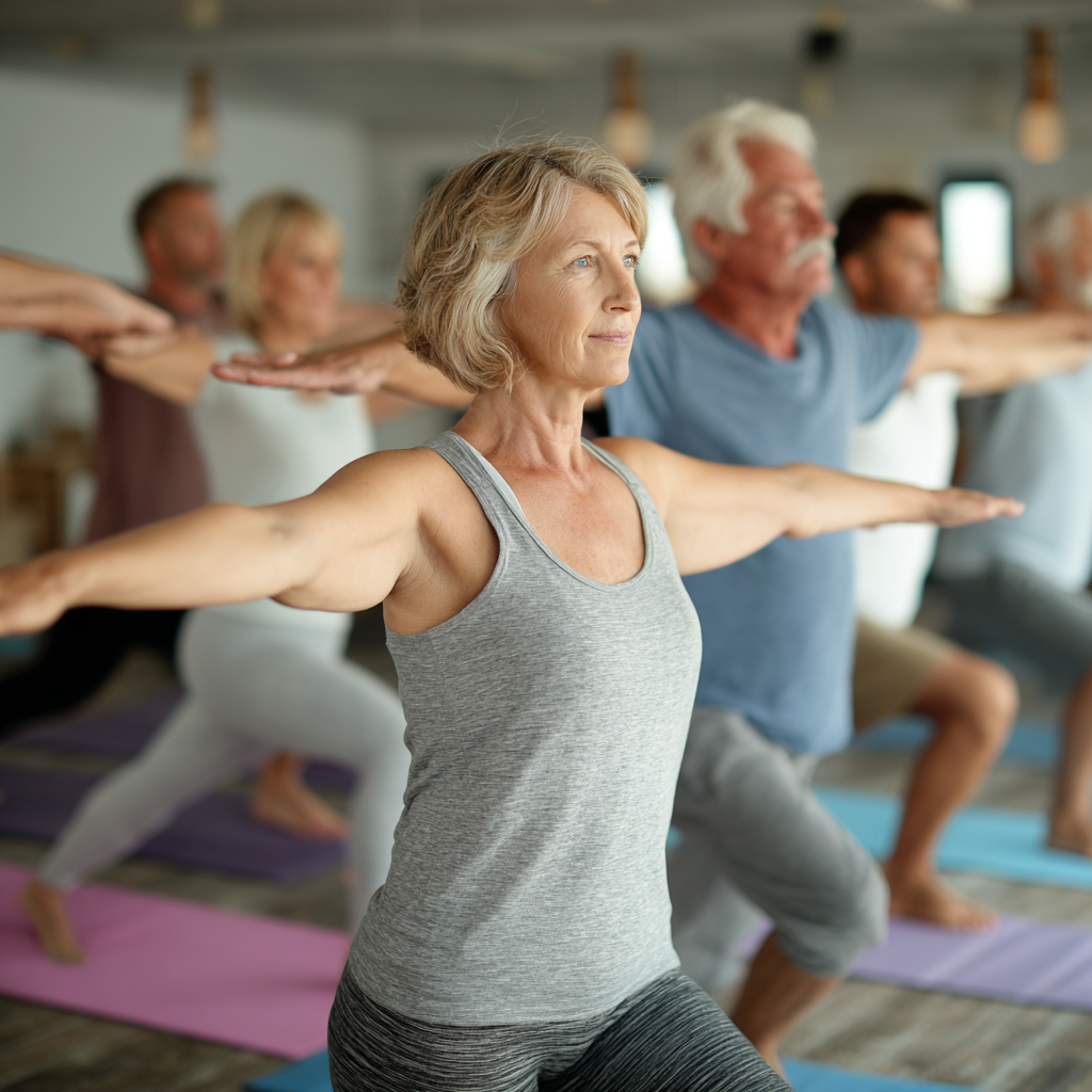 Група людей віком 50-60 років виконує йогу в світлій студії, інструктор допомагає учням
